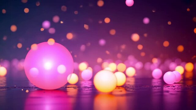 Colorful glowing spheres floating on reflective surface with soft focus lighting background