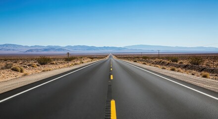 Endless asphalt road stretching towards the horizon under a clear blue desert sky