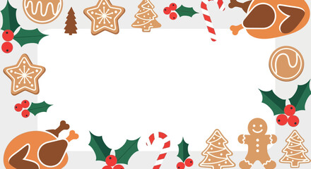Christmas holiday border with gingerbread cookies, candy canes, holly, and turkey illustrations