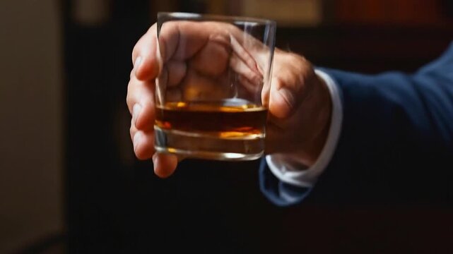 A taster holds a glass of whiskey against the dark backdrop of the distillery, master taster lifts a glass to taste the whiskey and checks the quality of the drink at the distillery