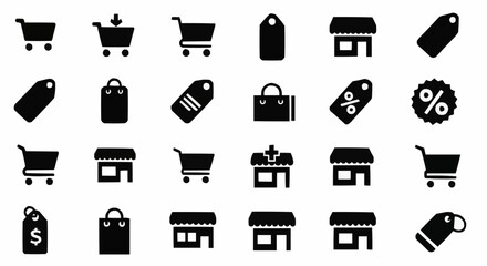 Collection of various shopping icons including carts, tags, bags, stores and discount symbols online shop 100