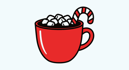 Red mug filled with hot chocolate and marshmallows, topped with a festive candy cane, isolated.