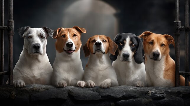 Seven eager dogs in iron cage before the hunt with foxhounds and beagle hounds smiling through bars