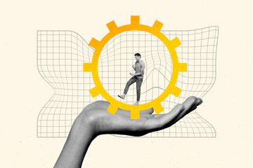 Image poster art trend banner collage of happy businessman stand gearwheel optimization setting...