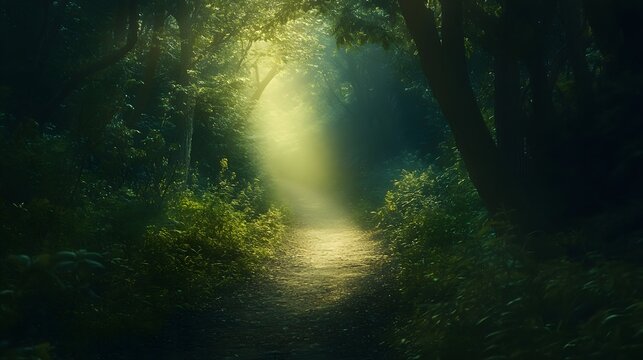 Sunlit forest trail with vibrant green foliage and soft light path sunlight photo