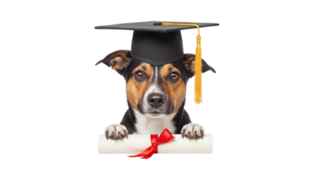 Dog wearing graduation cap with diploma isolated PNG with Transparent Background