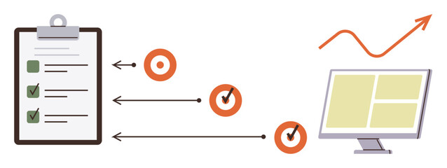 Checklist with completed tasks linked to data insights on a computer screen and upward trend graph. Ideal for productivity, planning, workflow, performance, analytics, goal setting, progress