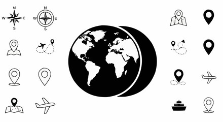 Obraz premium Illustration showcasing travel icons with a globe, compasses, and various transportation symbols neatly arranged