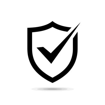 Black shield with a check mark symbol inside, representing security and approval