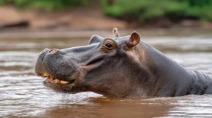 Fototapeta premium Hippopotamus displays its powerful teeth while swimming in an African river during a bright day, showcasing strength and agility in the wild