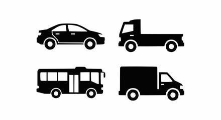 Four different types of vehicles including a car, truck, bus and delivery van are shown in black