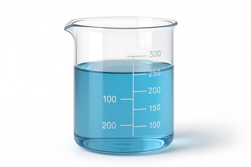 Clear glass beaker filled with blue liquid on a white background