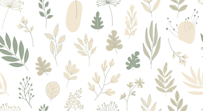 A delicate pattern of stylized botanical elements in soft greens and tans on a white background