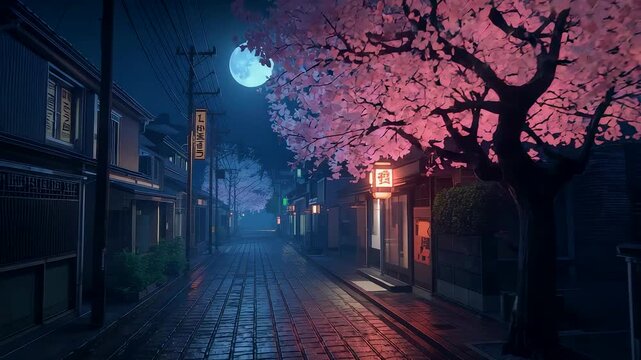 Nighttime Japanese Street with Full Moon Pink Cherry Blossom Tree and Glowing Lanterns on Wet Cobblestone