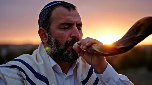 A man in a prayer shawl blows a shofar at sunset, creating a spiritual ambiance. The man channels tradition as the sun sets, framing the moment with its warm light.