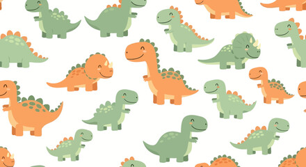 Naklejka premium Colorful cartoon dinosaurs in orange and green, scattered on a white background, creating a playful, repeating pattern