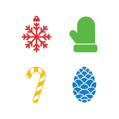 Set of four christmas icons: snowflake, mitten, candy cane, pinecone Vector, illustration