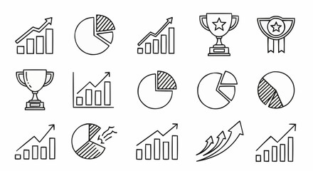 Illustration of business charts, bar graphs, pie charts, trophies and awards in black and white outline