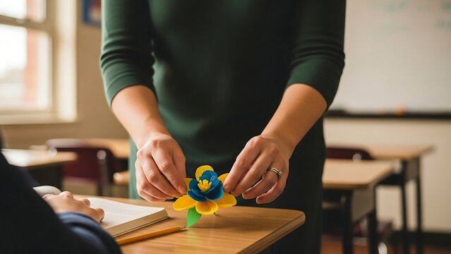 Teacher Demonstrating Craft Project in Classroom Setting.
