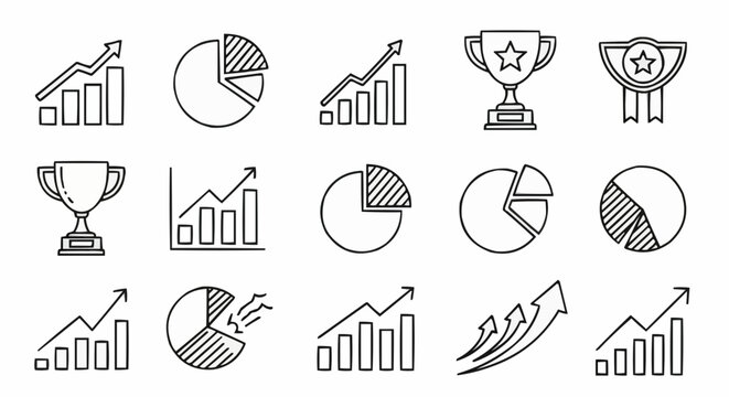 Illustration of business charts, bar graphs, pie charts, trophies and awards in black and white outline