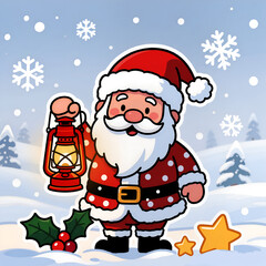 Obraz premium Santa Claus Illustration with Red Lantern in Snowy Landscape