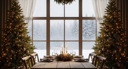 Festively decorated dining room with two christmas trees, a table set for a meal, and a snowy winter landscape visible through the large window