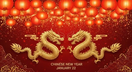 Golden Dragons and Lanterns for Chinese New Year Celebration. Ai generation