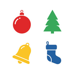Christmas icons set: ornaments, tree, bell and stocking flat vector graphics Vector, illustration