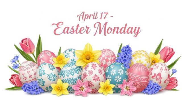 Easter Monday Celebration with Decorated Eggs and Flowers. Ai generation