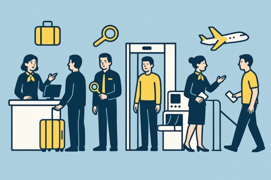 Professional airport staff assisting travelers with luggage security checks in a modern terminal environment emphasizing seamless passenger experience and operational efficiency