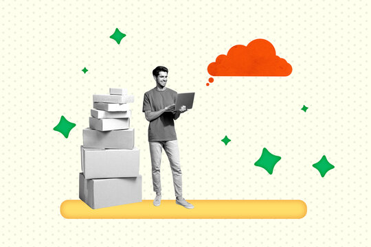 Vertical banner poster photo collage of happy man hold laptop sit carton box import distribution send archive cloud shipment