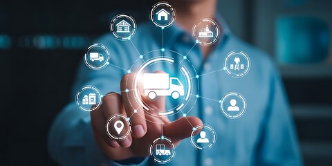 Smart Logistics and Modern Supply Chain Management. A businessman interacts digital ecosystem of parcel delivery, warehousing, and e-commerce, global shipping efficiency. AI