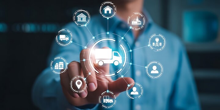 Smart Logistics and Modern Supply Chain Management. A businessman interacts digital ecosystem of parcel delivery, warehousing, and e-commerce, global shipping efficiency. AI