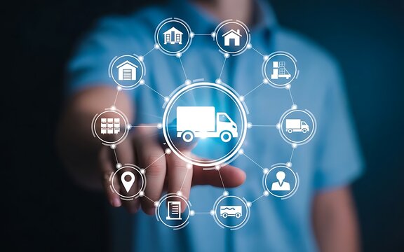 Smart Logistics and Modern Supply Chain Management. A businessman interacts digital ecosystem of parcel delivery, warehousing, and e-commerce, global shipping efficiency. AI