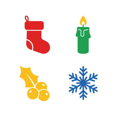 Christmas icons: stocking, candle, holly, snowflake flat design vector elements Vector, illustration