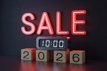 Futuristic 2026 sale concept with glowing red SALE sign and wooden calendar blocks for holiday shopping promotion