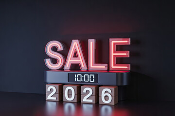 Futuristic 2026 sale concept with glowing red SALE sign and wooden calendar blocks for holiday shopping promotion