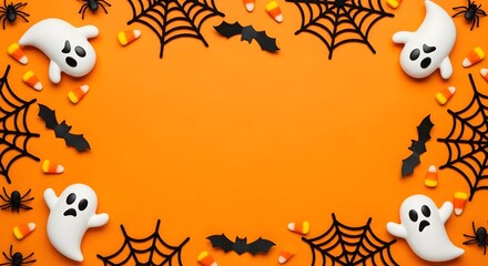 Festive halloween border with cute ghost cookies and candy corn on orange background
