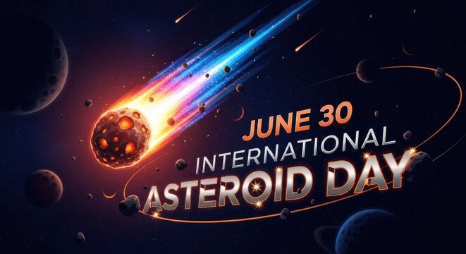 International Asteroid Day celebration with fiery asteroid. Ai generation