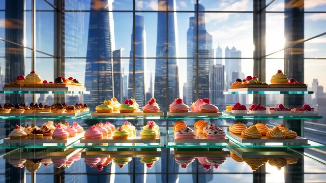 Glass display shelves with assorted pastries and desserts inside modern caf&eacute; interior