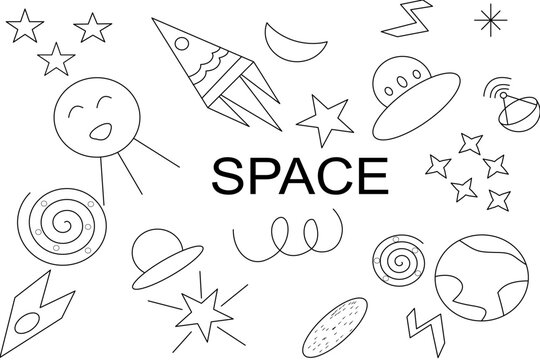 set of hand drawn space doodle art, moon ,earth, roket space 