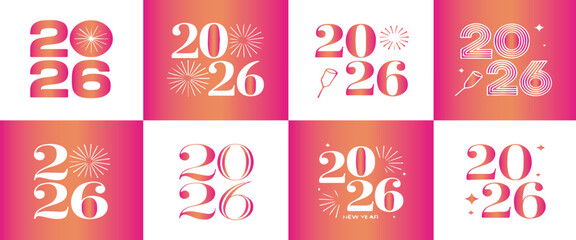 Eight Vibrant Gradient and White Graphics, Featuring Stylized '2026' with Fireworks, Champagne, and Modern Typographic Designs.