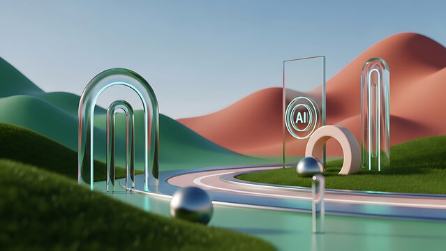 Surreal landscape with glass sculptures and rolling hills