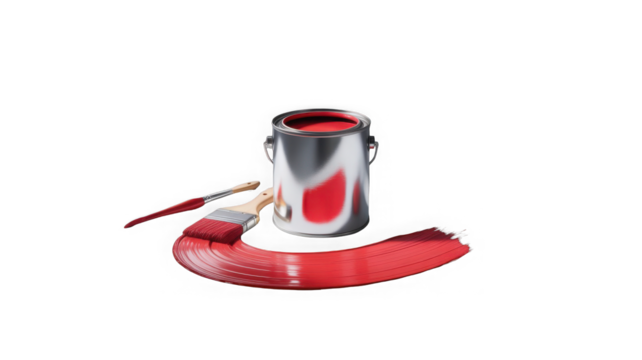 Red paint can and brush with stroke on isolated background isolated on transparent background