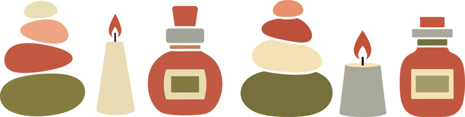 Retro Spa Icons Massage Stones Candles Essential Oil Bottles Illustration