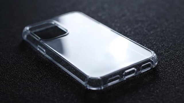 A clear transparent smartphone case rests on a dark textured background surface
