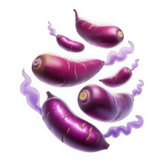 Purple sweet potatoes swirling in stylized purple smoke clouds isolated on transparent background