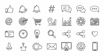 Illustration of various social media and business icons in a hand drawn style in black and white color