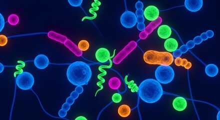 Colorful Microscopic Bacteria Cells Glowing Under UV Light – Scientific Abstract Image