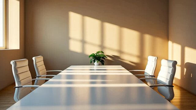 Sunlit modern conference room with long white table and empty chairs beside large windows
